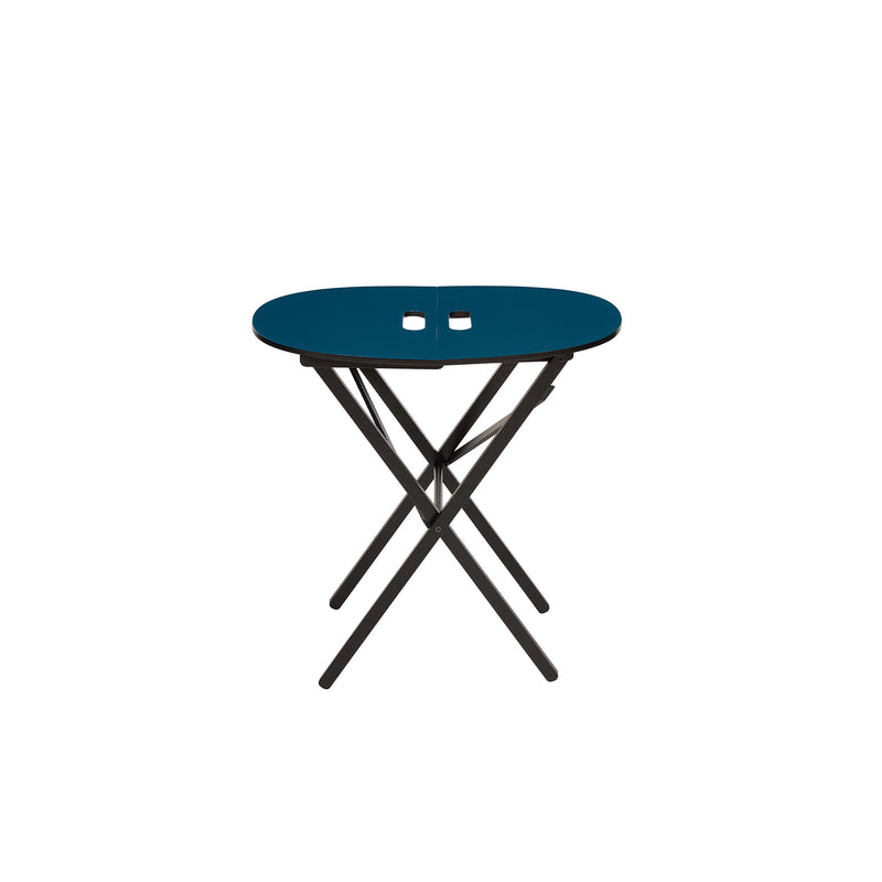 Nina Campbell Oval Folding Table in Blue against a white background