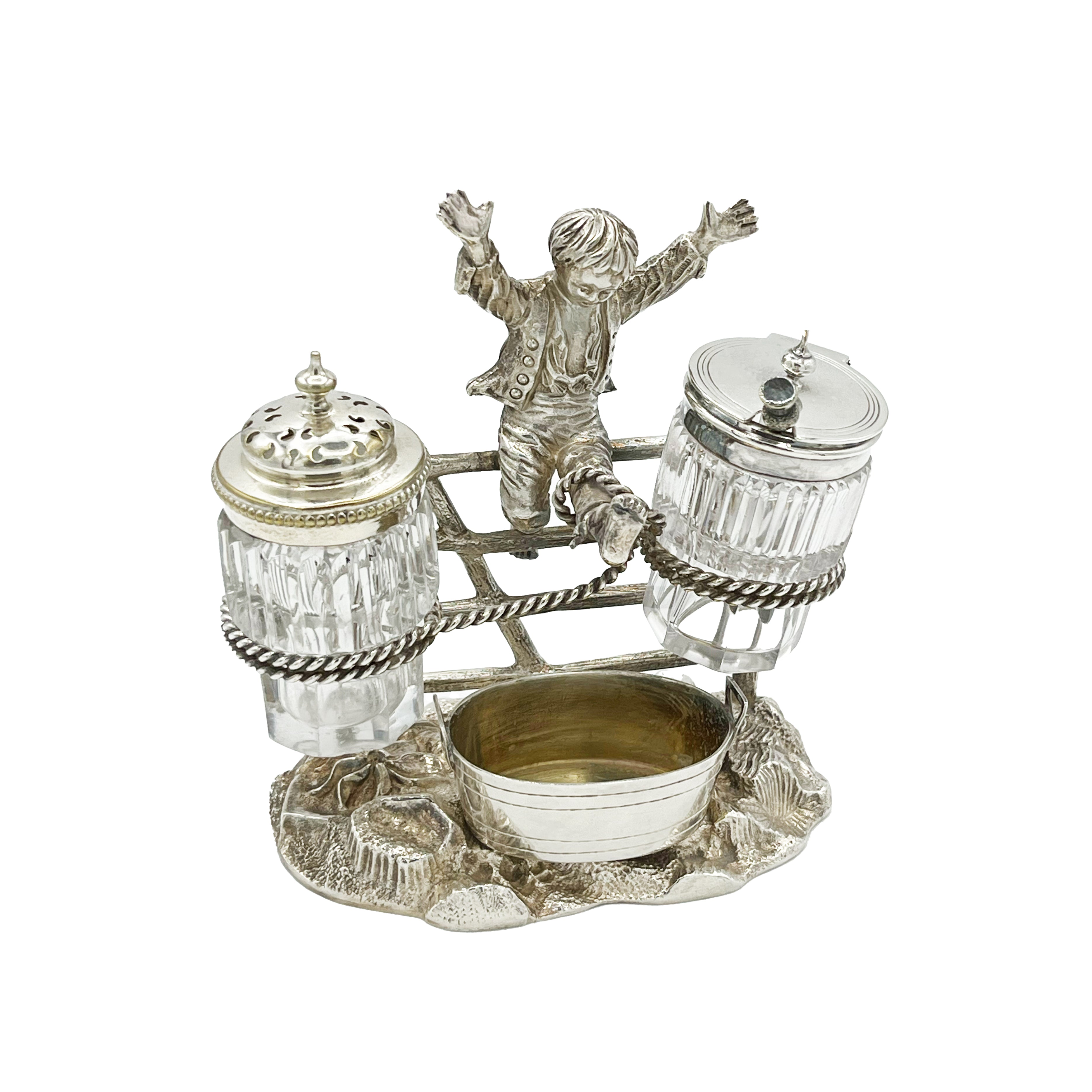 Antique Silver Cruet Set Boy on Gate Circa 1920