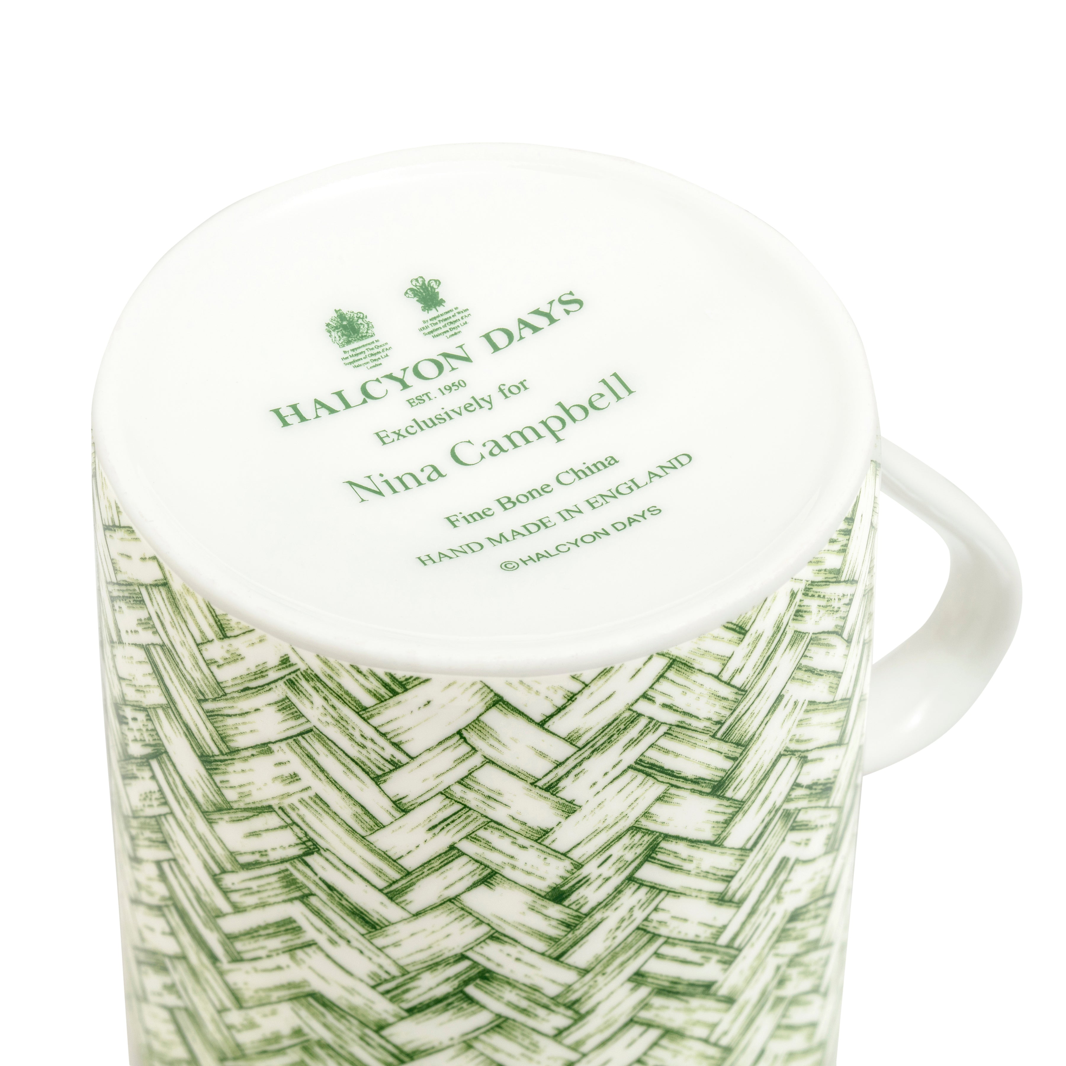 Nina Campbell x Halcyon Days Mug green basketweave on white background