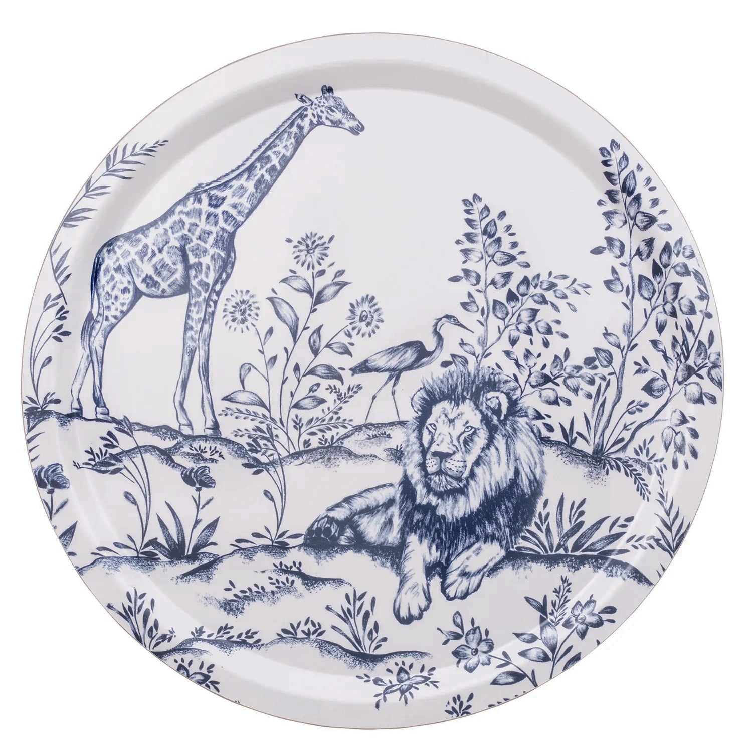 Nina Campbell serengeti round birchwood tray against a white background