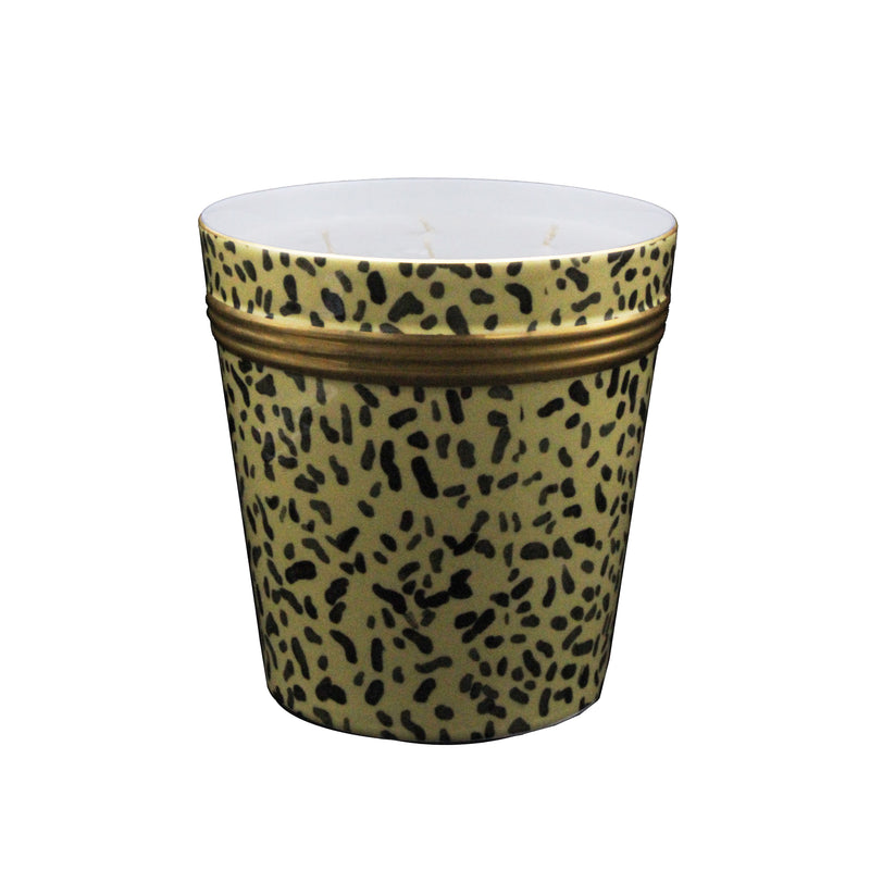 Nina Campbell Leopard Print cachepot candle on a white background