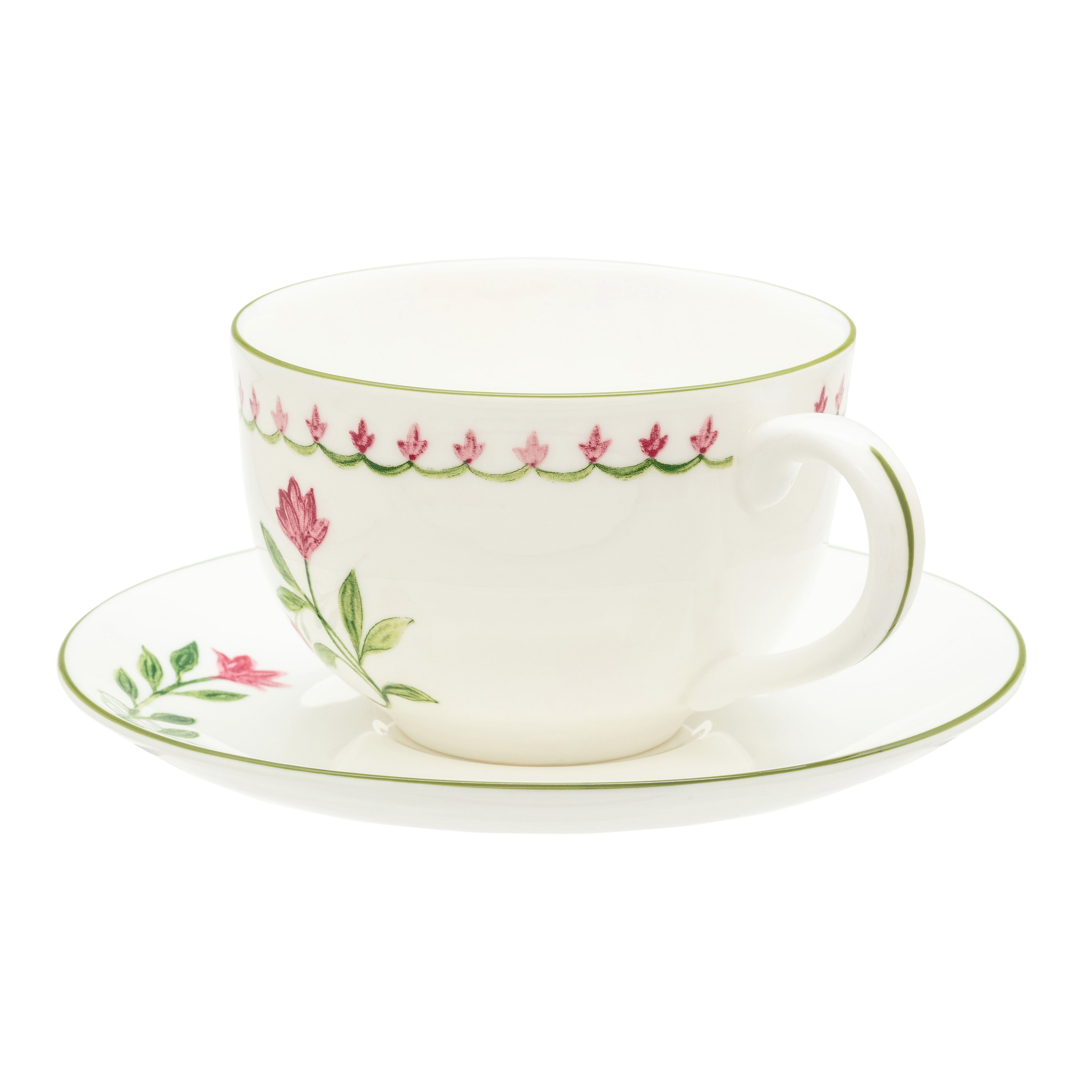 Nina Campbell Marguerite pink Tea Cup and Saucer on white background angle 