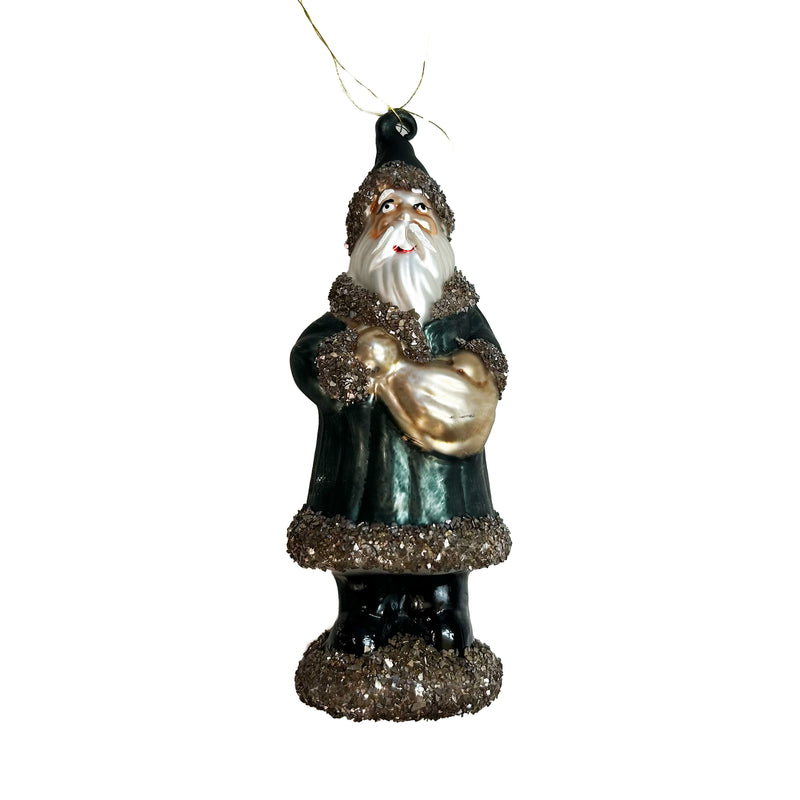 Bauble Glass Santa Green Glitter 16CM