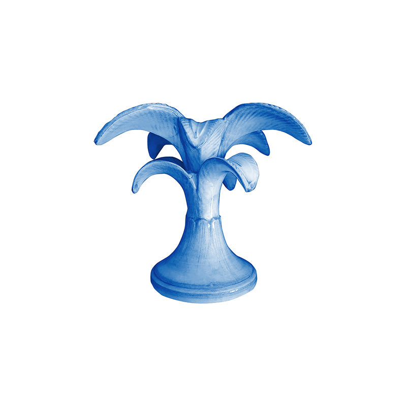 Nina Campbell ceramic small palm candlestick holder painted in blue against a white background