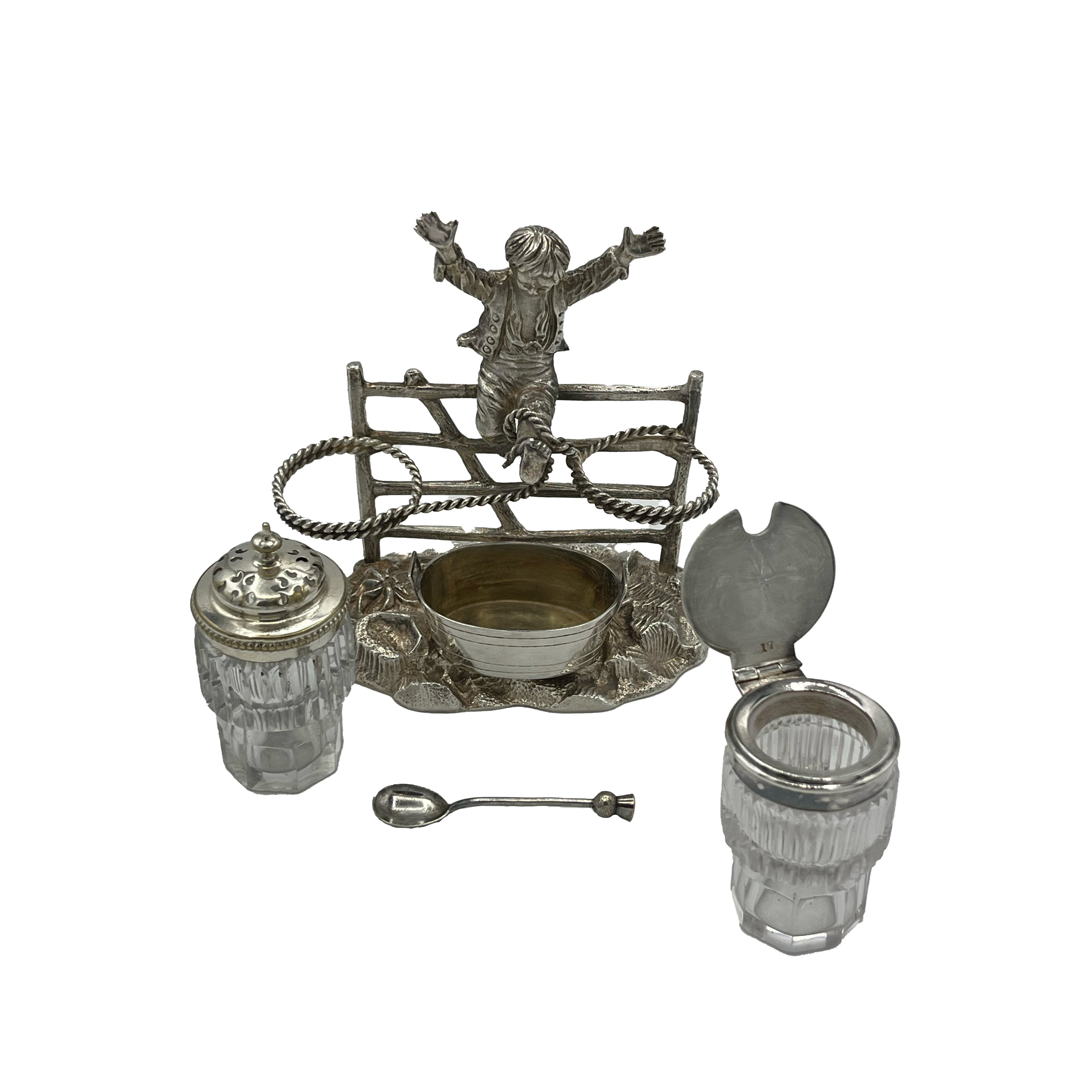 Antique Silver Cruet Set Boy on Gate Circa 1920