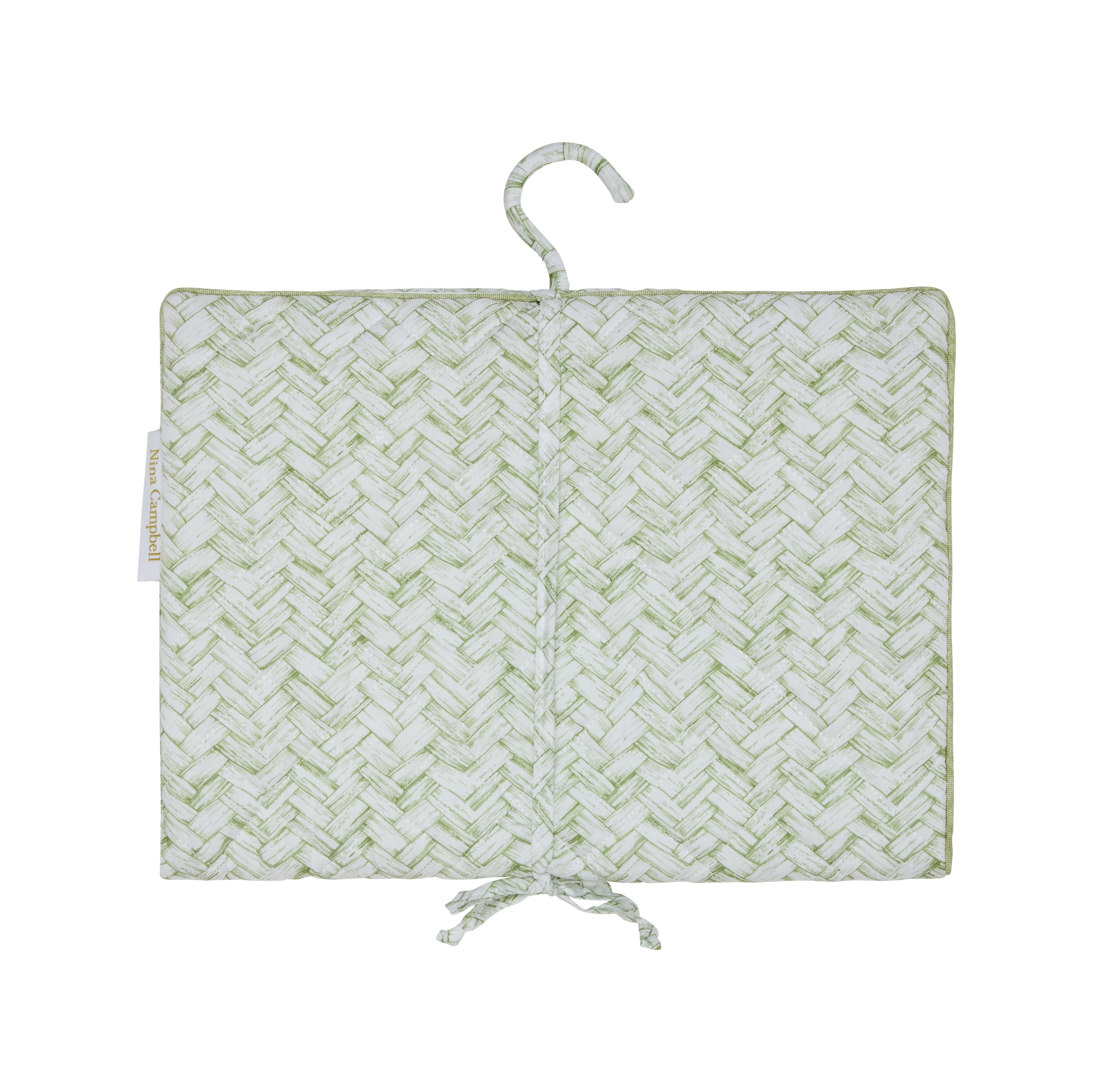 Nina Campbell Hanging Bag in a Green Basketweave pattern against a white background