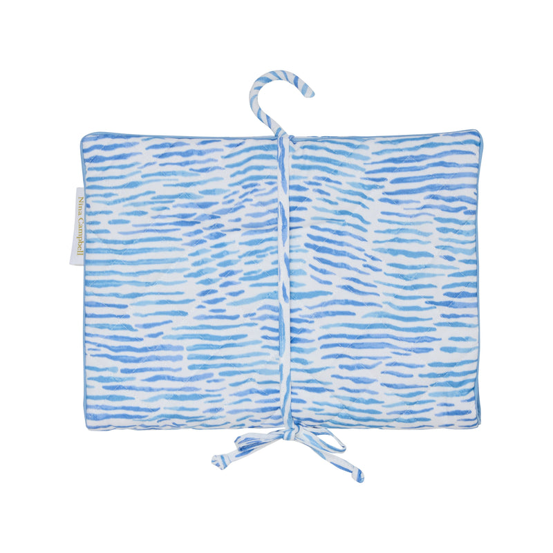 Nina Campbell hanging bag in blue arles pattern against a white background