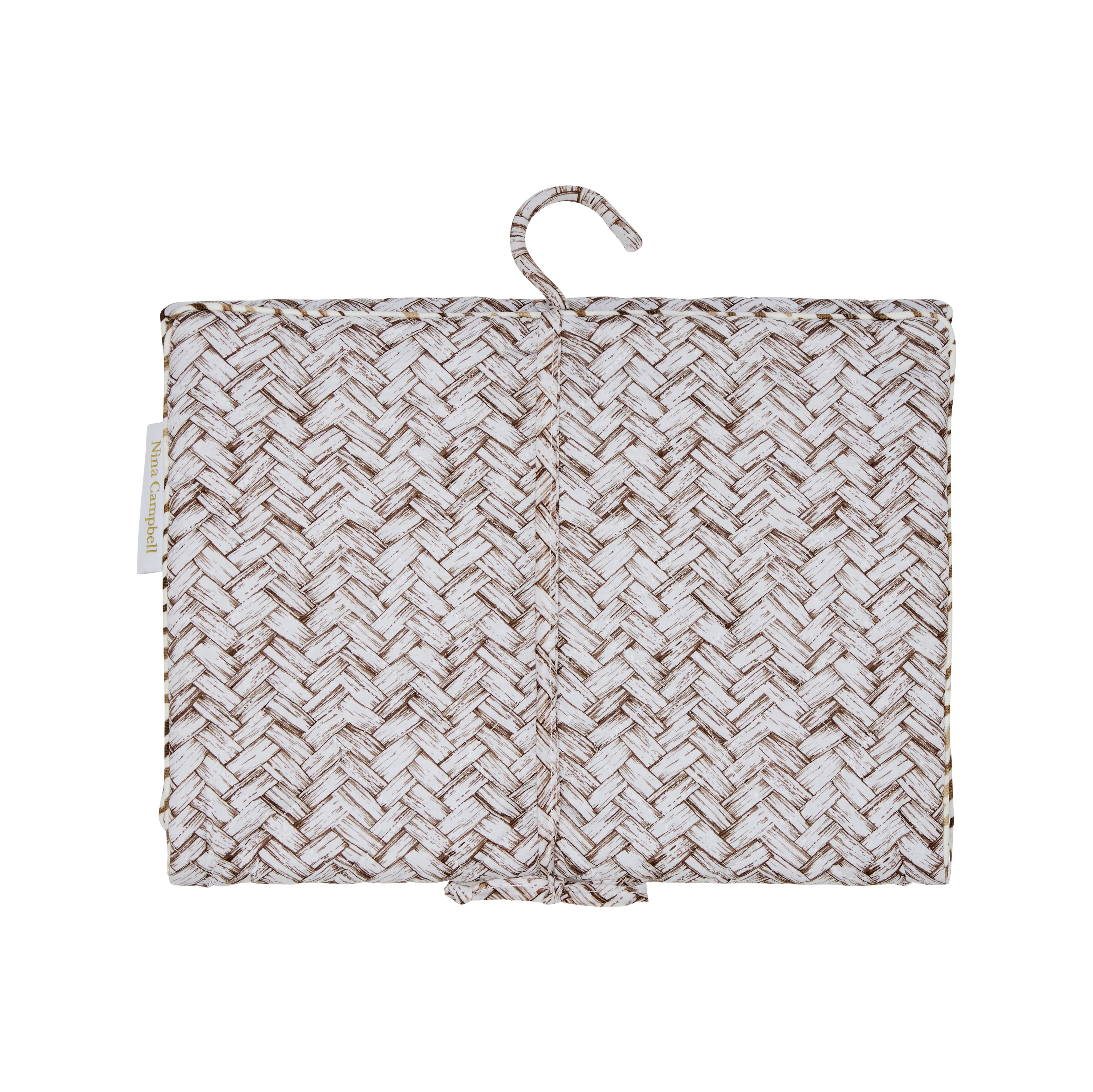 Nina Campbell Hanging Bag in a chocolate brown Basketweave pattern against a white background