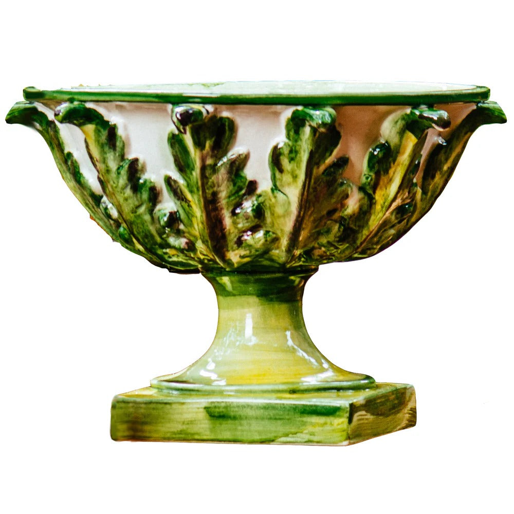 Nina Campbell ceramic leafy footed bowl in green against a white background