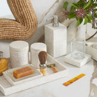 Nina Campbell Ghent Whitewashed Woven Soap Pump in bathroom setting with Ghent bathroom accessory collection