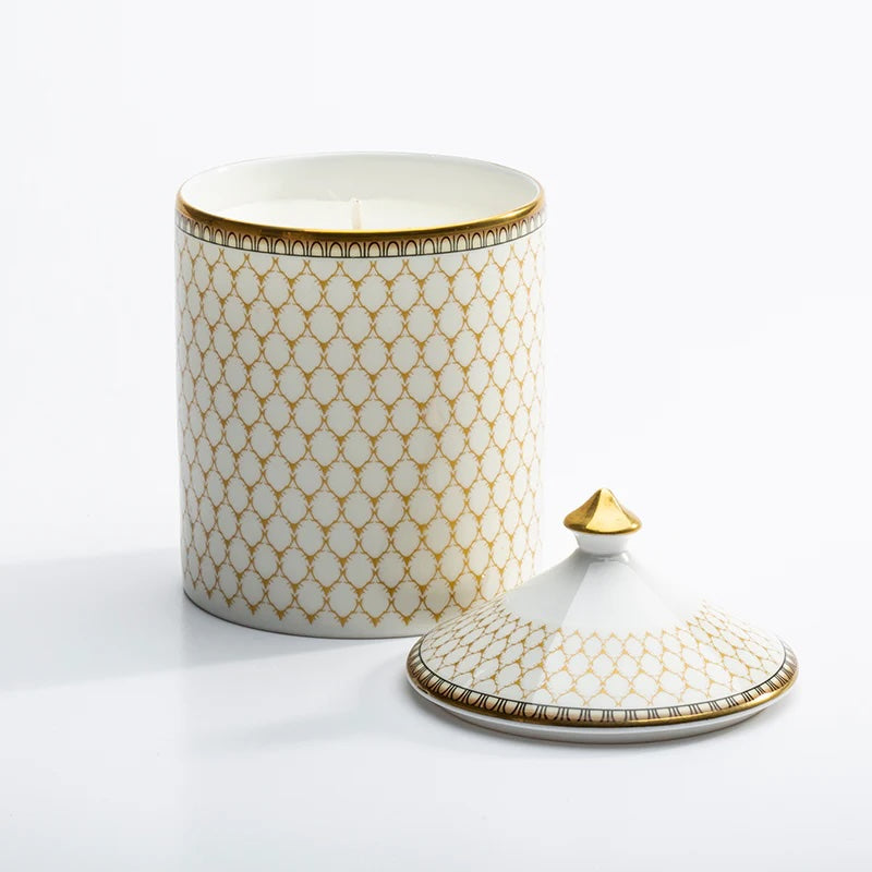 Nina Campbell Ivory and Gold open Lidded Candle on a white background