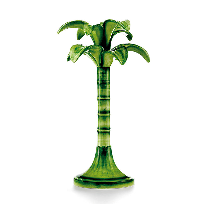 Nina Campbell ceramic large palm candlestick holder painted in green against a white background