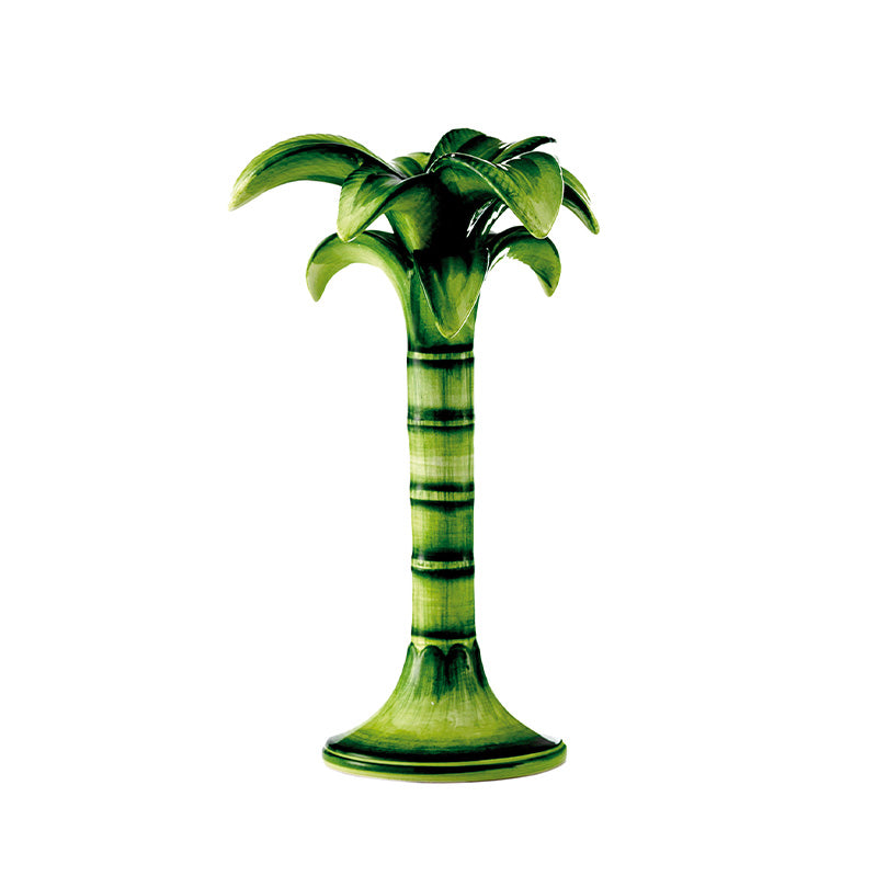 Nina Campbell ceramic medium palm candlestick holder painted in green against a white background