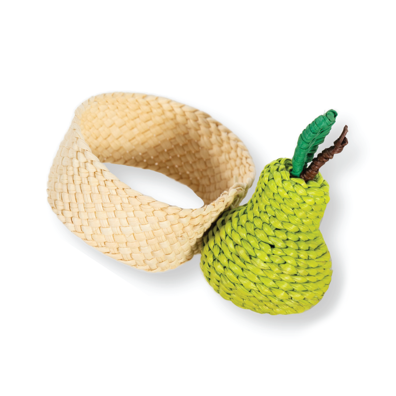 Nina Campbell Raffia Napkin Ring Green Pear against a white background