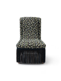 Nina Campbell Isabella Chair in orford fabric and fringes against a white background