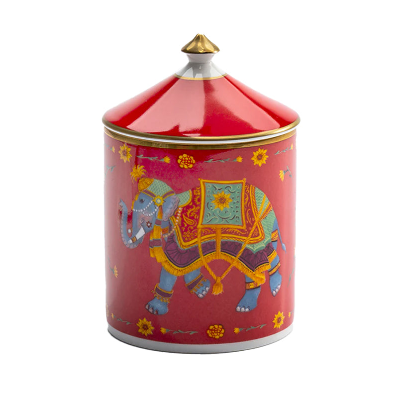 Nina Campbell Halcyon Days closed Lidded Candle with painted indian elephant design against a white background