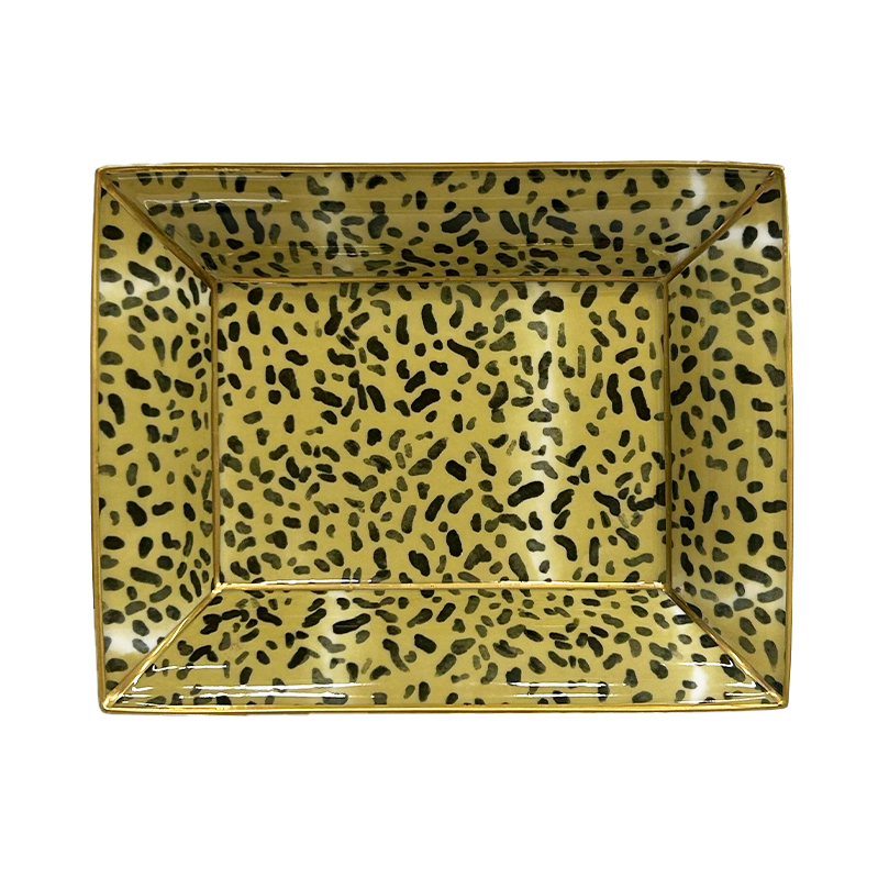 Nina Campbell ceramic rectangular tray with leopard print top view against a white background