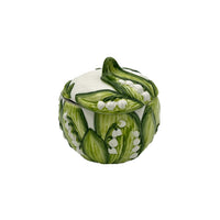 Nina Campbell ceramic lily of the valley sugar pot against a white background