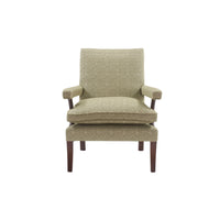 Nina Campbell Mackenzie arm chair, in pale green fabric, on white background.