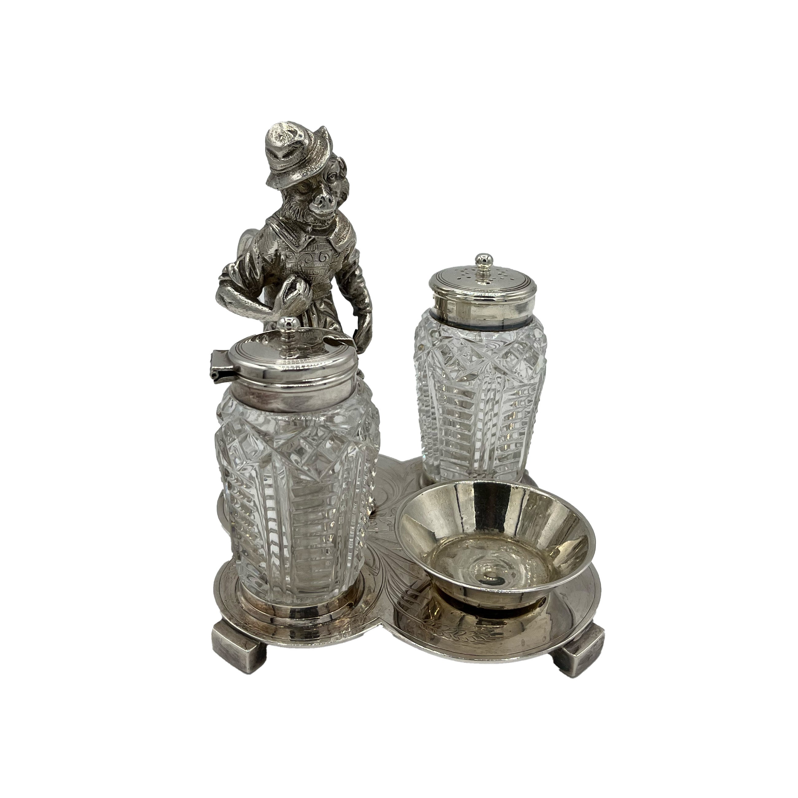 Antique Silver Cruet Set Large Monkey 1920