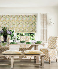 Nina Campbell Athena Fabric Collection as upholstery and blinds and cushions in a dining room set