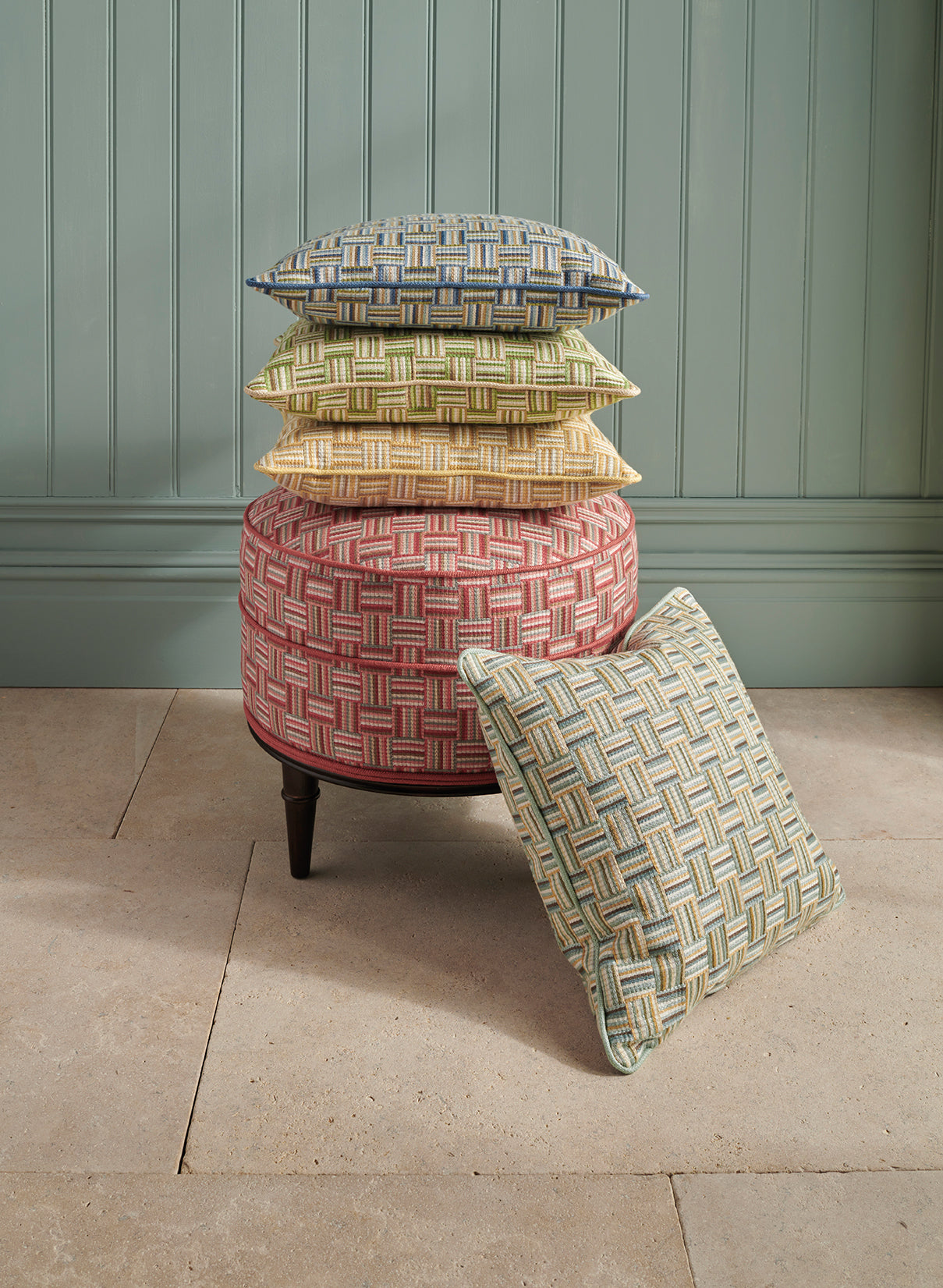 Nina Campbell Dallimore Weaves Attwood fabric on cushions and Alice stool