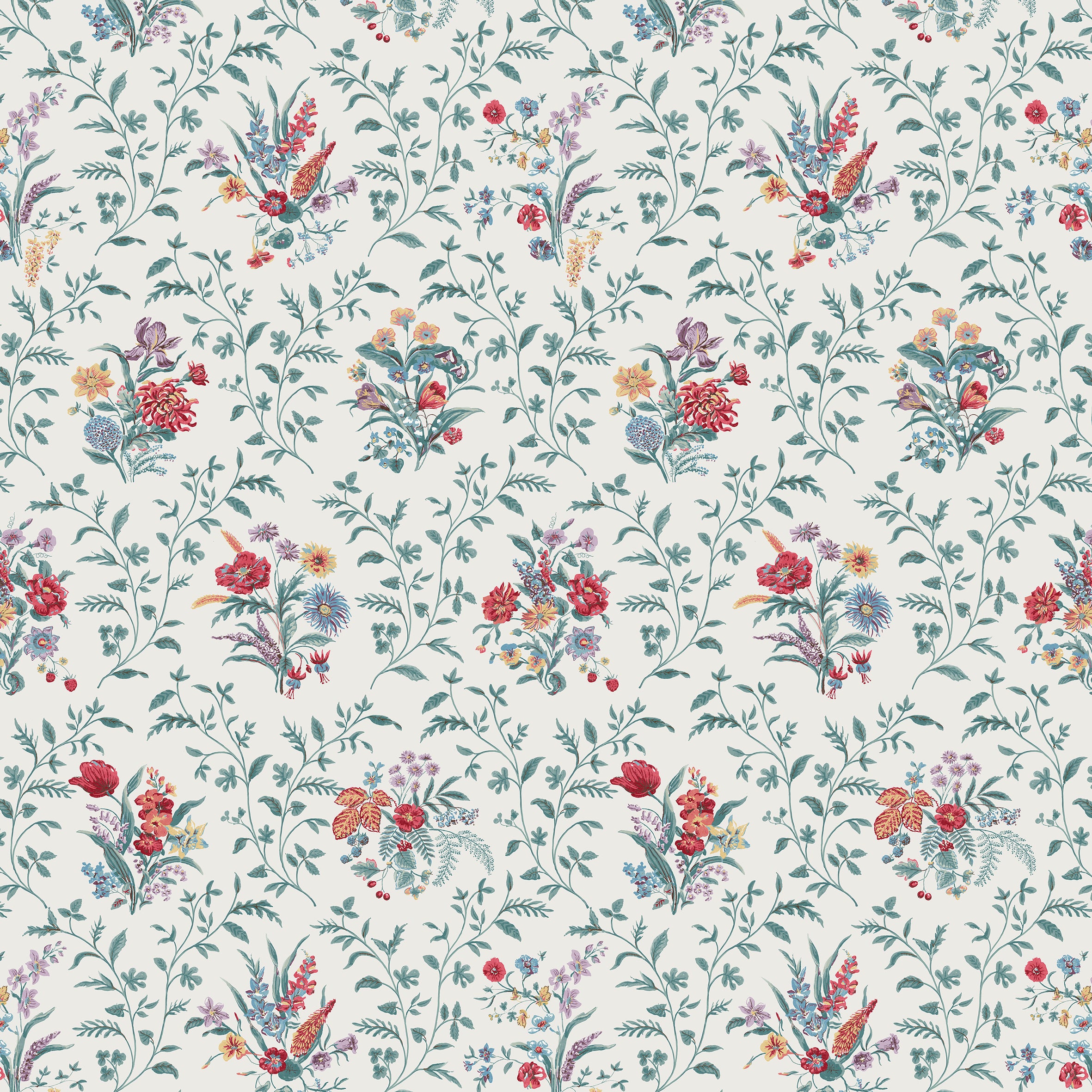 Nina Campbell Fabric - Dallimore Hollingbourne Teal/Red/Amethyst NCF4535-02