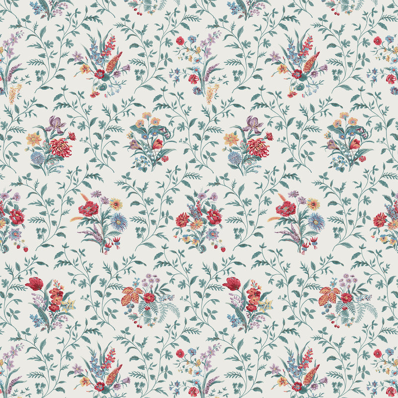 Nina Campbell Fabric - Dallimore Hollingbourne Teal/Red/Amethyst NCF4535-02
