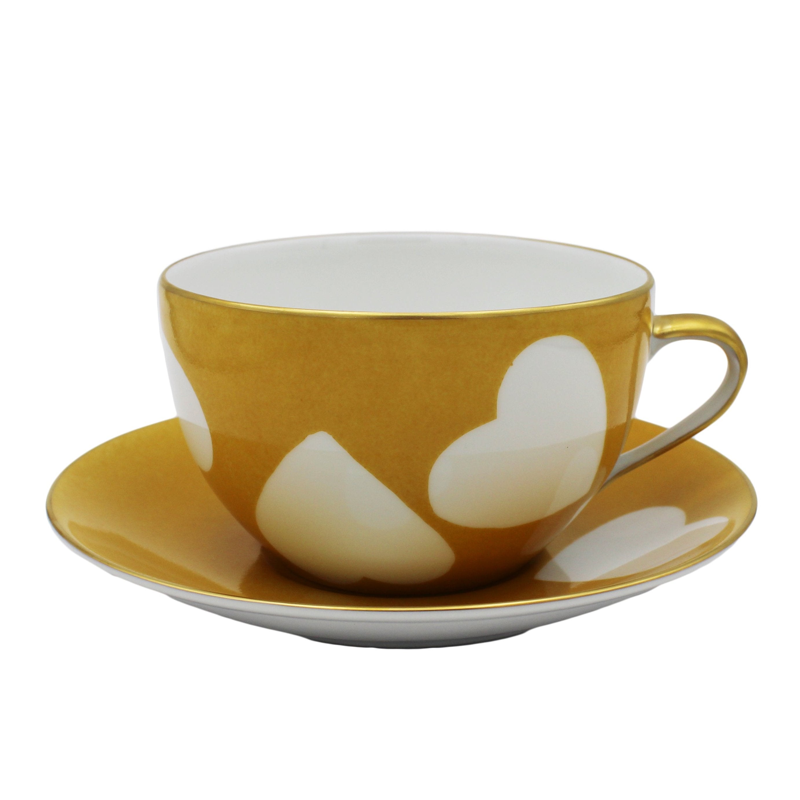 Nina Campbell Heart Breakfast cup and saucer in Jaune colour on white background. 