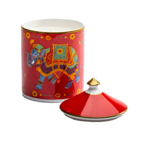 Nina Campbell Halcyon Days open Lidded Candle with painted indian elephant design against a white background