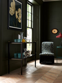 Nina Campbell Isabella Chair in orford fabric and fringes in room set with mickey console