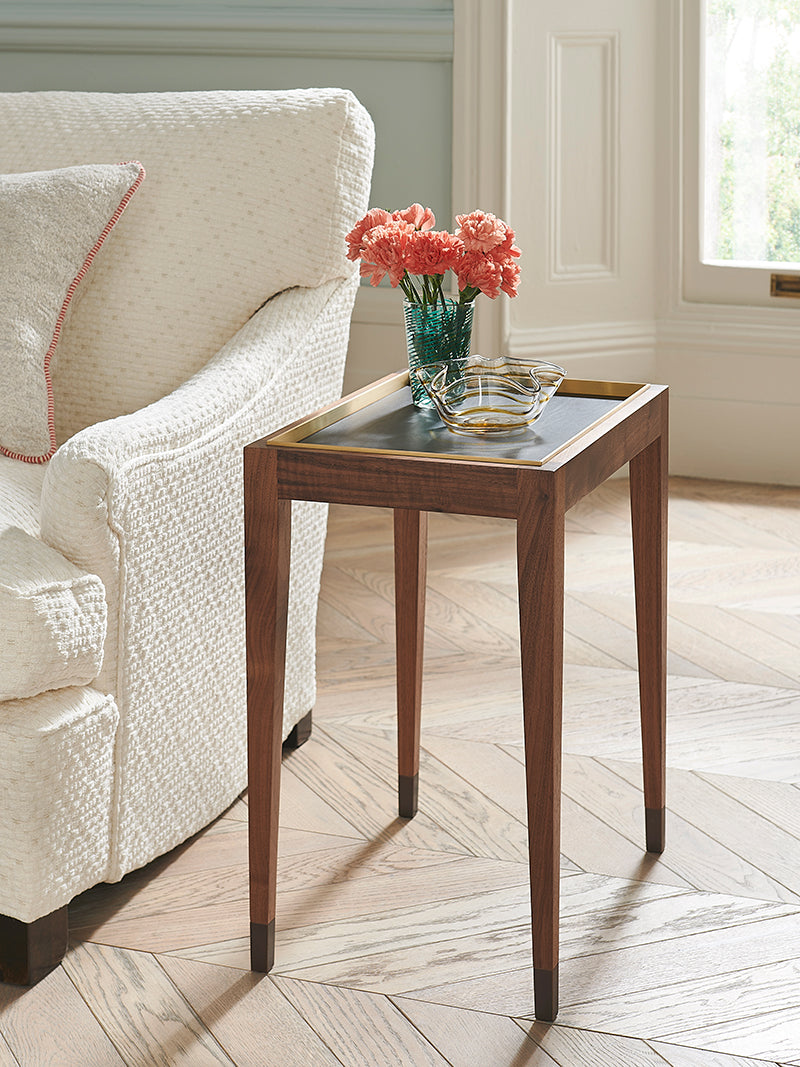 Nina Campbell Sidney End Table in Black Leather in a room setting