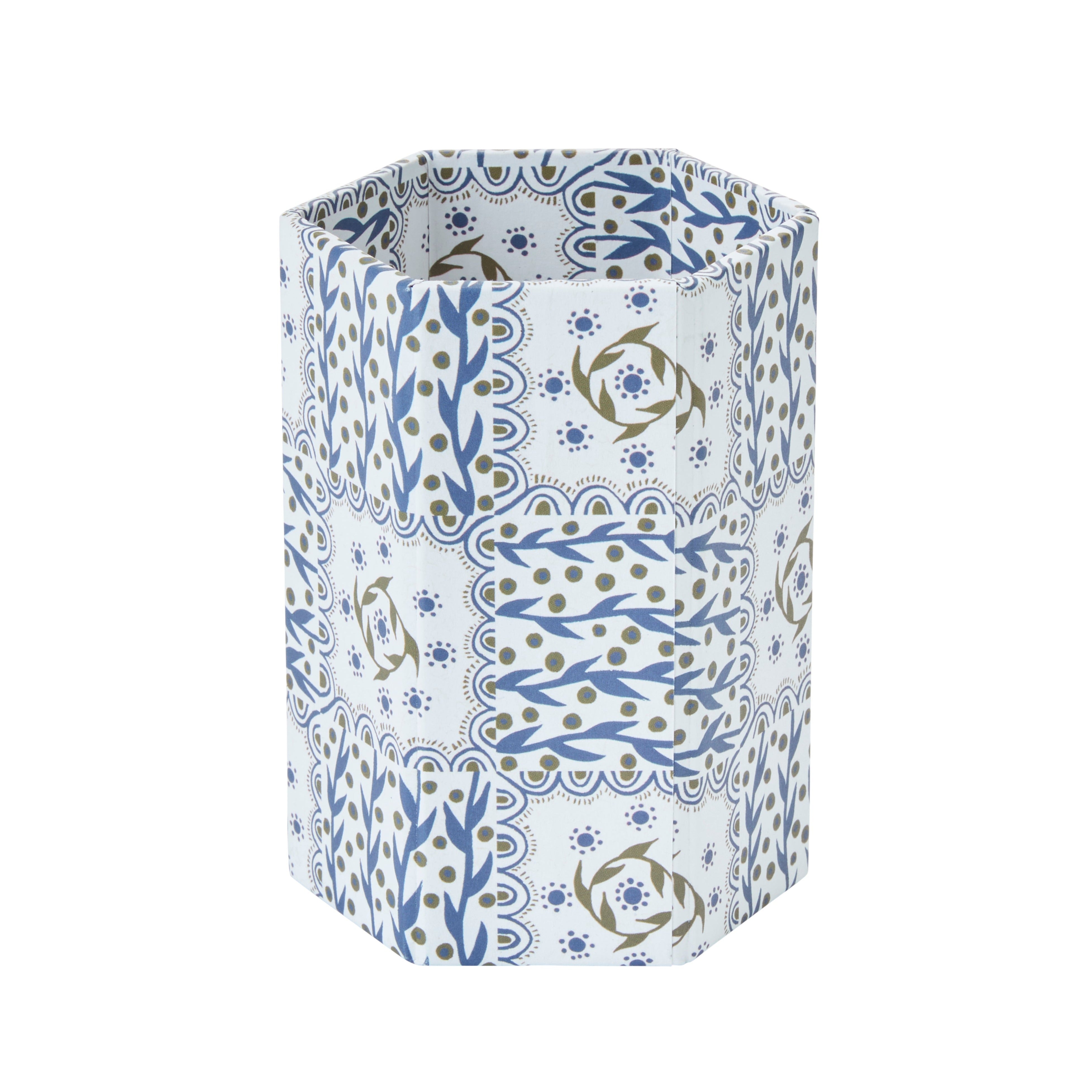Nina Campbell Pen Pot in blue chequered pattern on white background