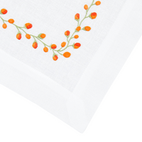 Nina Campbell Bud Placemat Pink/Orange/Red against a white background detailed corner shot
