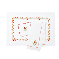 Nina Campbell Bud Placemat Pink/Orange/Red, Coral Butterfly napkin and coaster against a white background