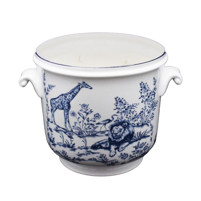 Nina Campbell Cachepot Candle Serengeti blue and white on white background 