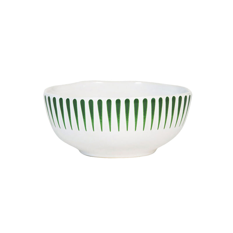 Nina Campbell green Sitio Stripe cereal bowl on white background 