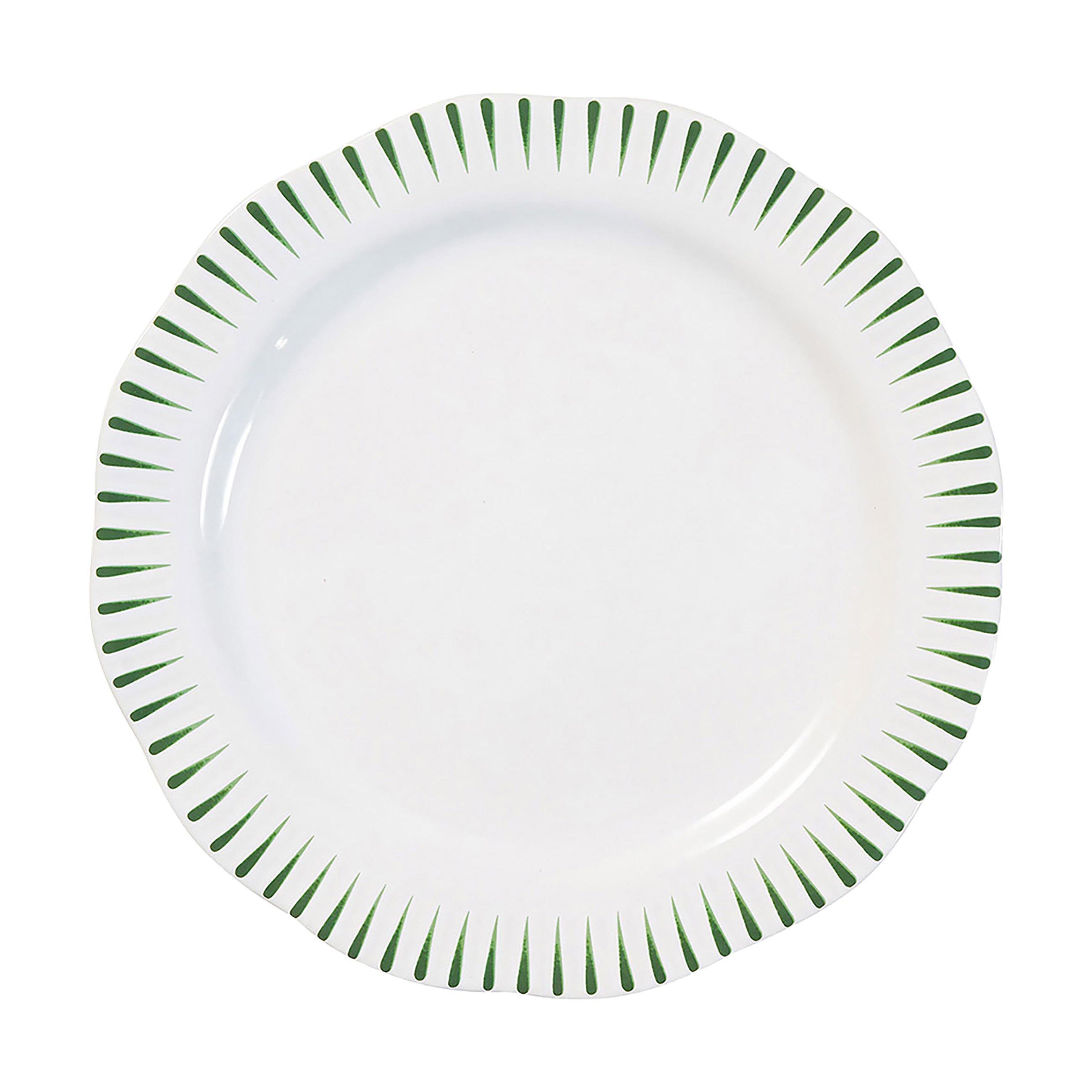 Nina Campbell green Sitio Stripe dinner plate on white background 