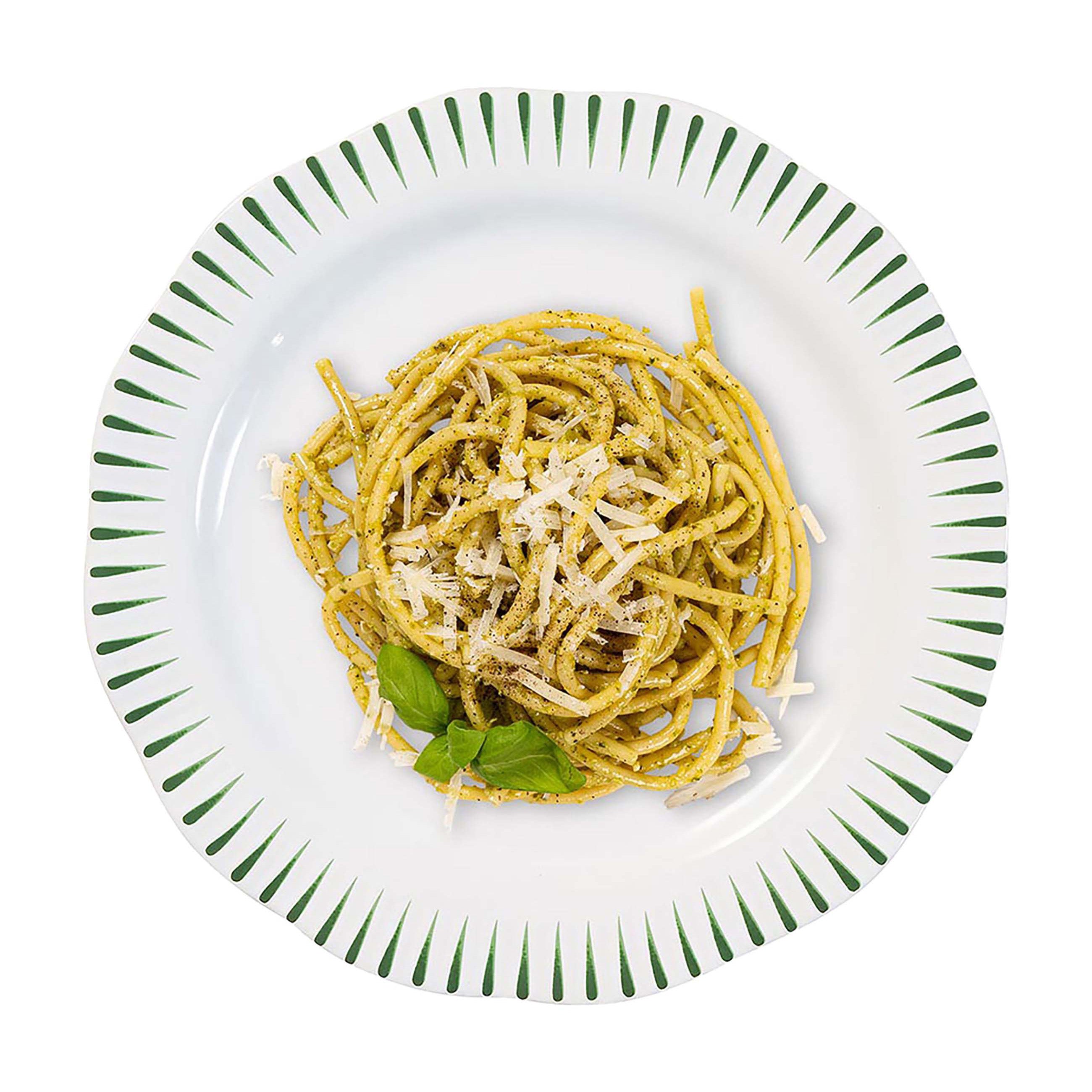 Nina Campbell green Sitio Stripe dinner plate with pasta on it on white background 