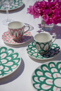 Symi Coffee or Tea Cup & Saucer - PInk/Green