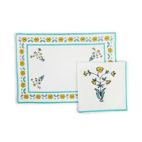 Set of Four Placemat & Napkin - Teal Flowers