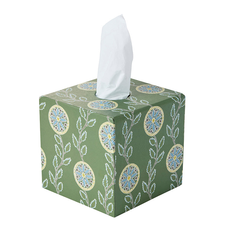 Nina Campbell tissue box in the green colour way stationery collection on white background