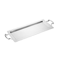 Nina Campbell antique silver pated long tray with scalloped edges.