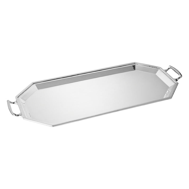 Nina Campbell Antique Silver Plated Canted Rectangular Tray with Handles 1920 on white background