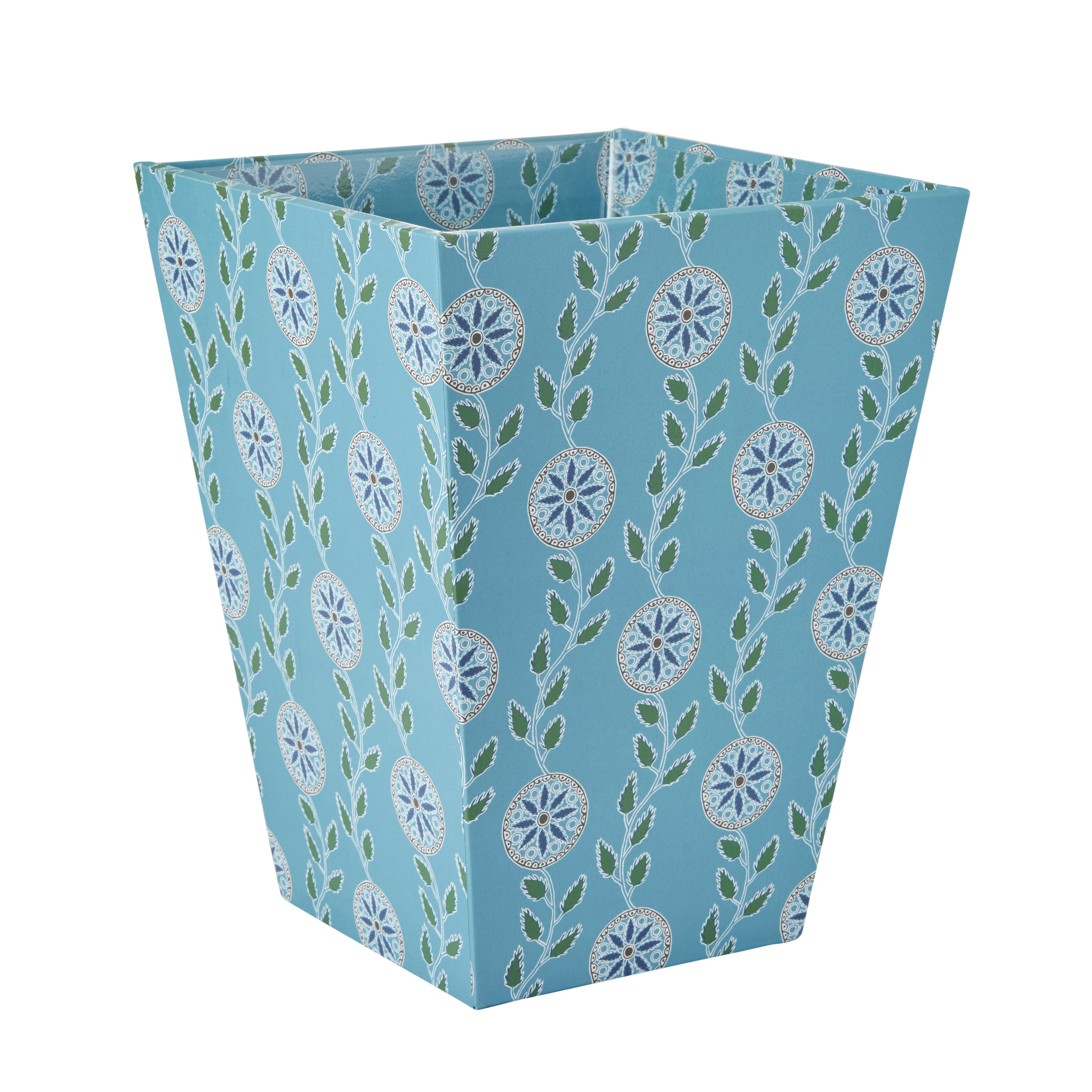 Nina Campbell waste bin in the blue colour way stationery collection on white background