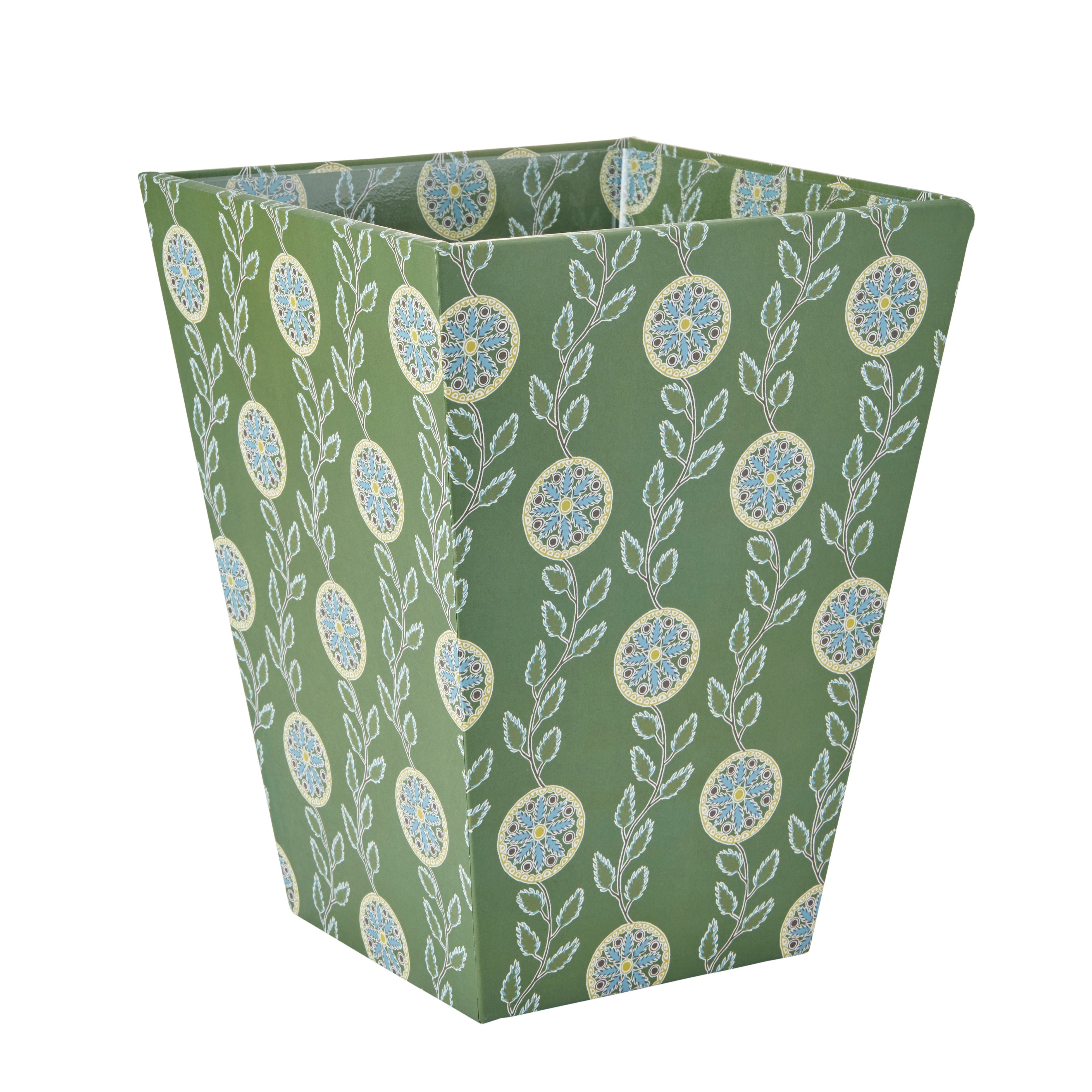 Nina Campbell waste bin in the green colour way stationery collection on white background