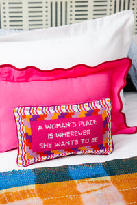 Nina Campbell Needlepoint Cushion Wherever She Wants on bed