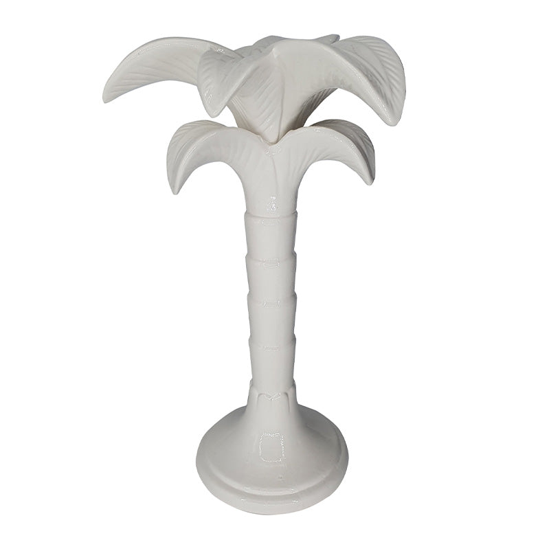 Nina Campbell ceramic large palm candlestick holder painted in white against a white background