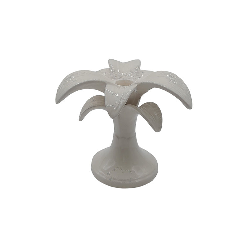 Nina Campbell ceramic small palm candlestick holder painted in white against a white background
