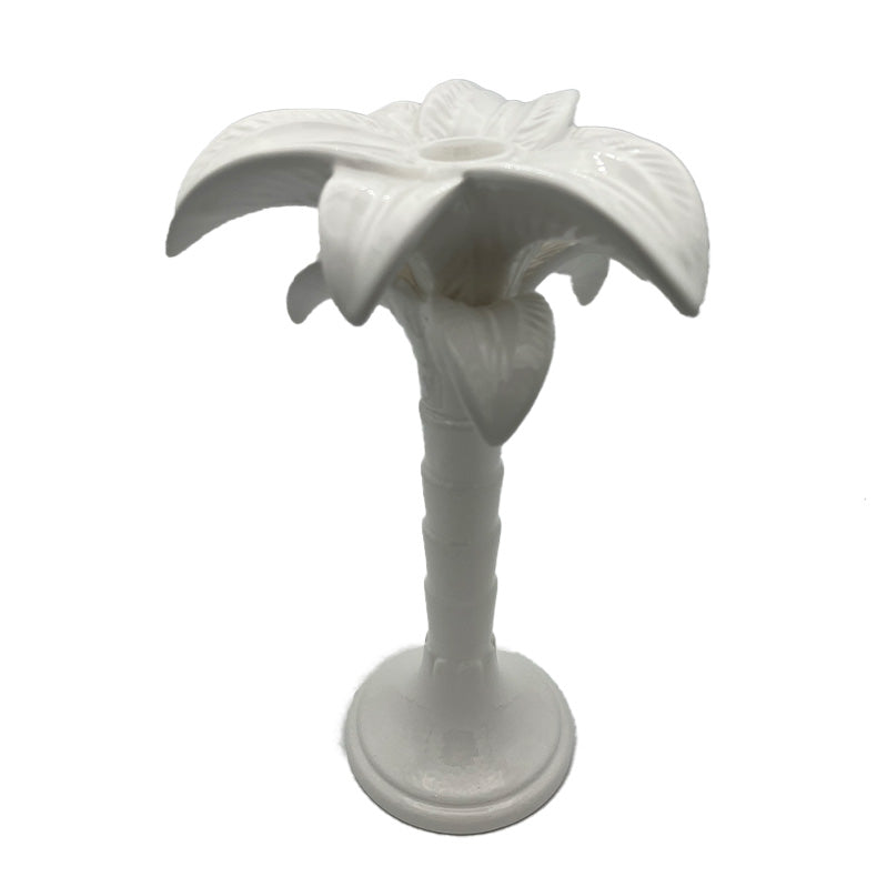 Nina Campbell ceramic medium palm candlestick holder painted in white against a white background